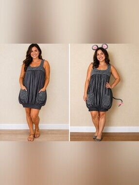 Chesley Gray Sleeveless Crochet Pocket Smocked Hem Dress Costume